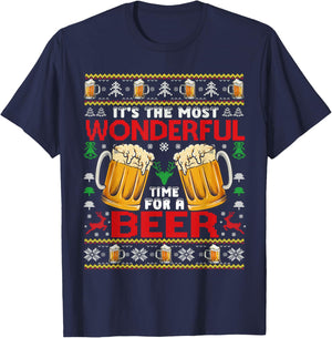 Xmas Wonderful Time for A Beer Ugly Christmas Sweaters T-Shirt - T-Shirt | Navy