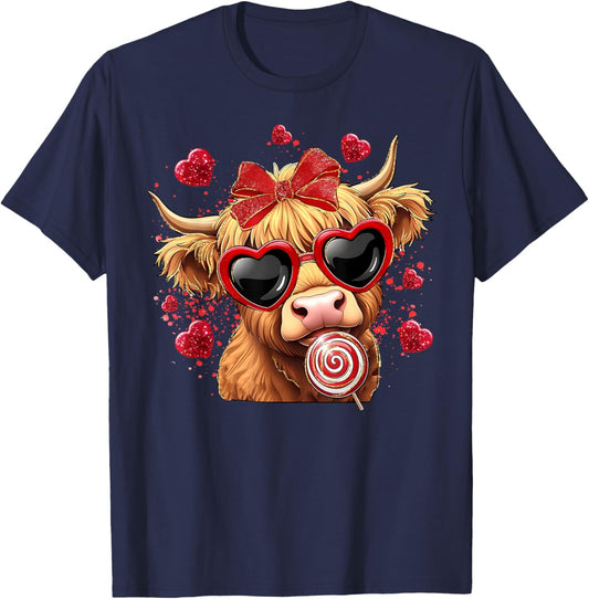 Valentine Highland Cow Lollipop Coquette Bow Valentine Heart T-Shirt - T-Shirt | Navy