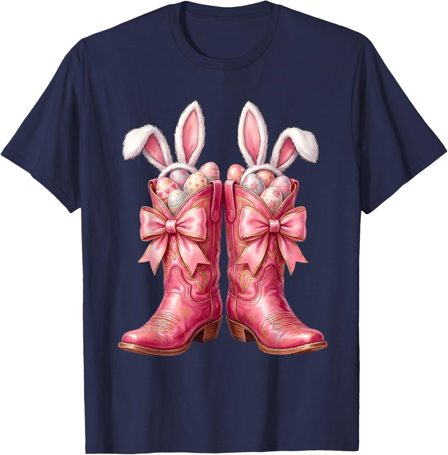 Easter Bunny Pink Boots Cowgirl Coquette Bow Girl Women T-Shirt - T-Shirt | Navy