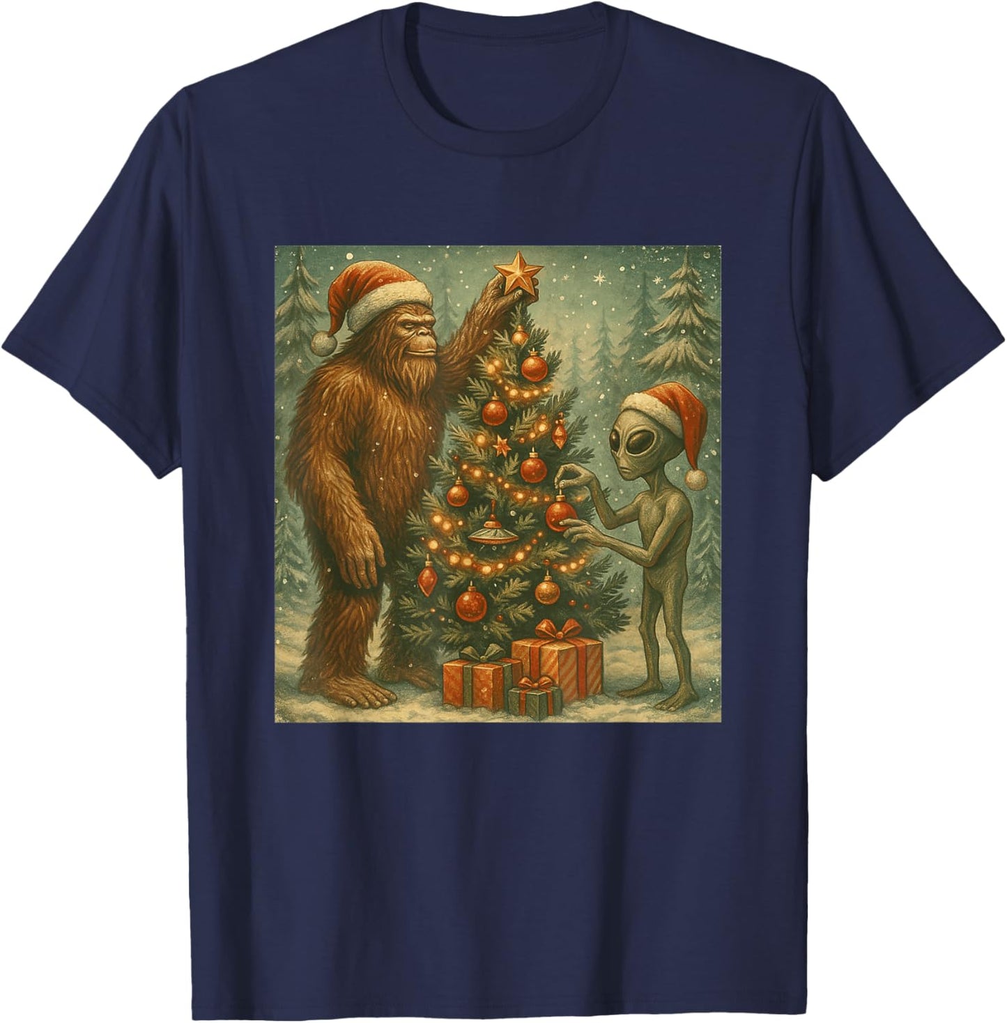 Alien and Bigfoot Decorating Christmas Tree Sasquatch Retro T-Shirt - T-Shirt | Navy