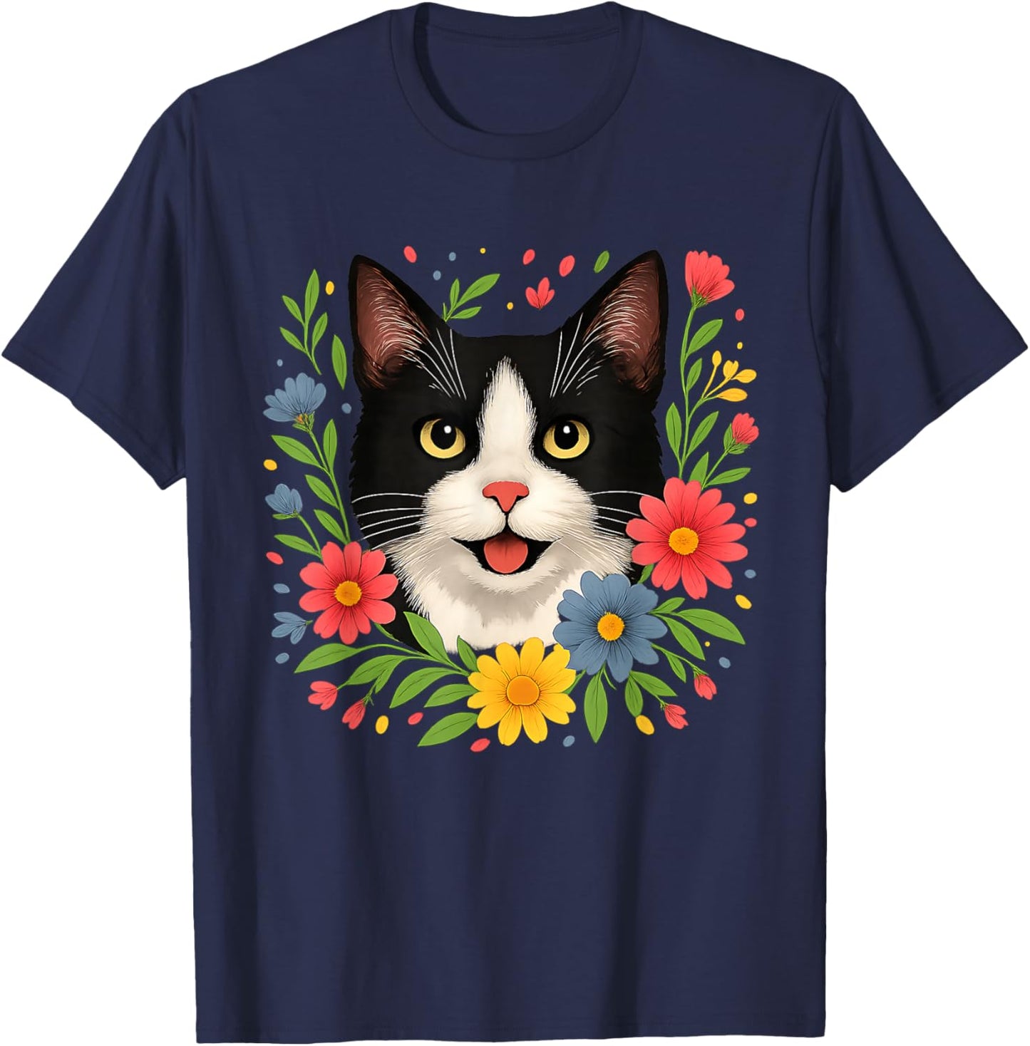 Floral Tuxedo Cat Colorful Spring Flowers Wildflowers T-Shirt - T-Shirt | Navy