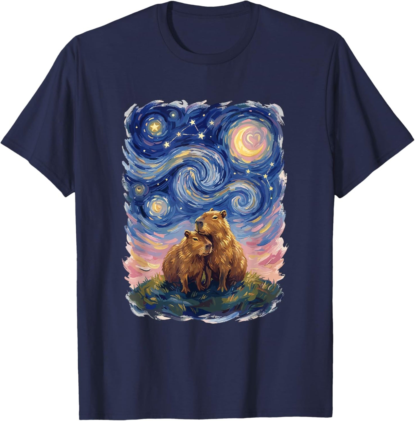 Starry Night Capybara Couple Art Parody Valentine's Day T-Shirt - T-Shirt | Navy