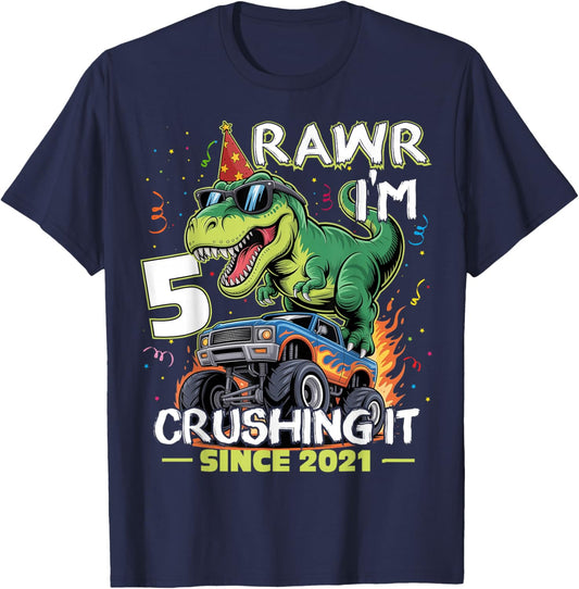 5th Birthday Monster Truck Dinosaur 5 Years Old Birthday Boy T-Shirt - T-Shirt | Navy