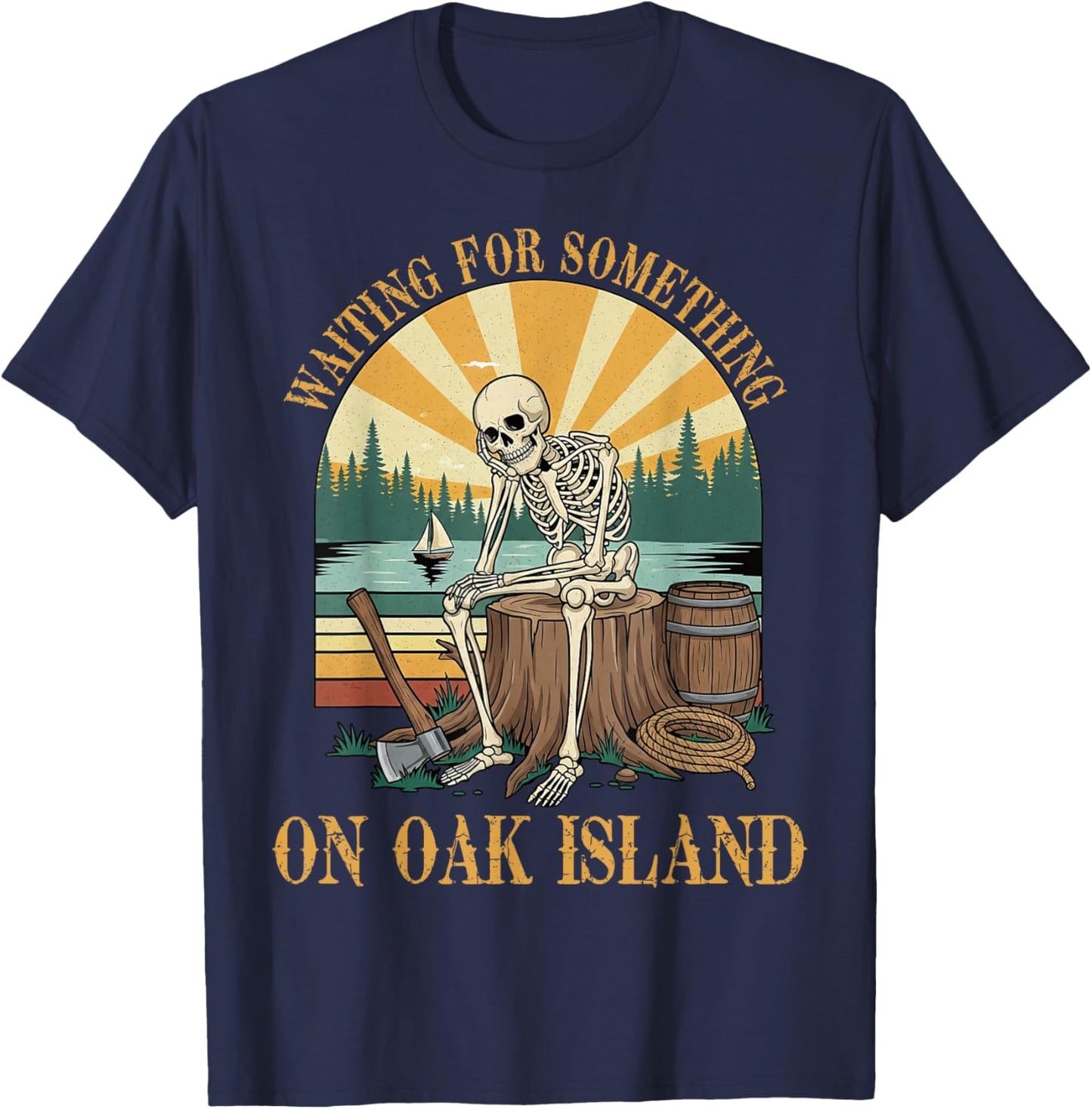 Waiting for Something On Oak Island Mystery Skeleton Graphic T-Shirt - T-Shirt | Navy