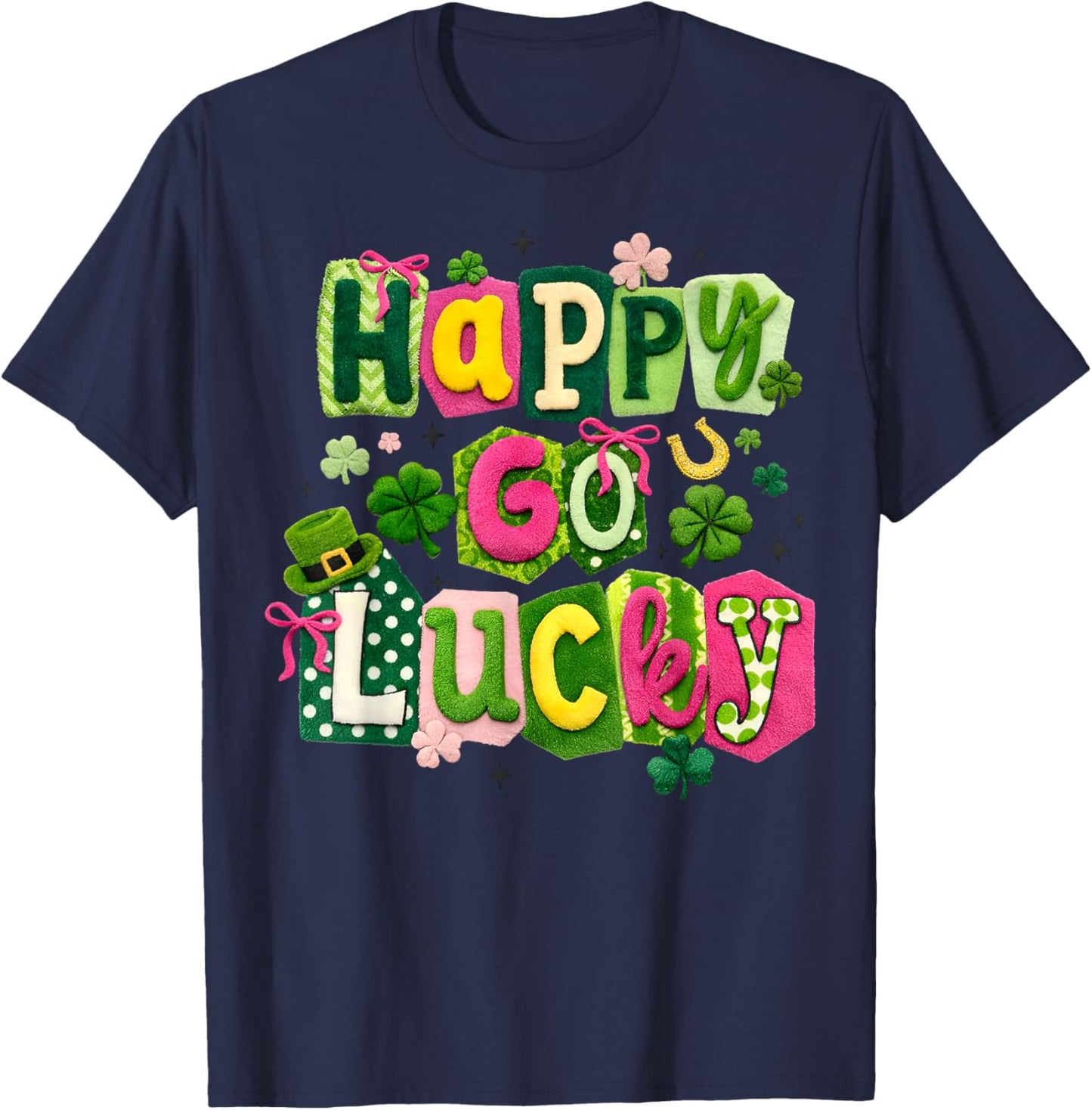 Happy Go Lucky Shamrock Crochet Irish Happy St Patrick's Day T-Shirt - T-Shirt | Navy