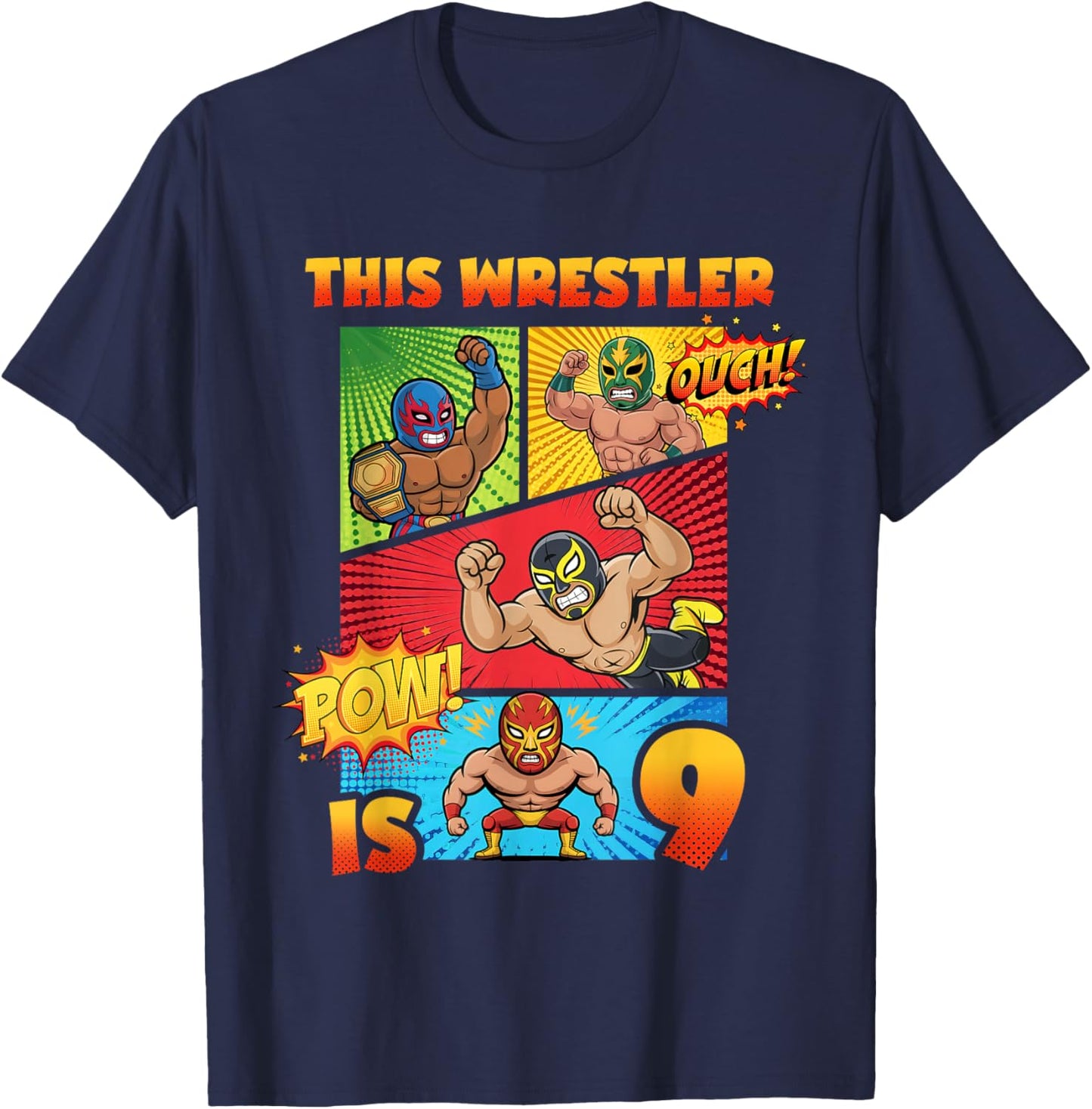 Wrestling 9th Birthday This Wrestler is 9 Cute Comic Book T-Shirt - T-Shirt | Navy