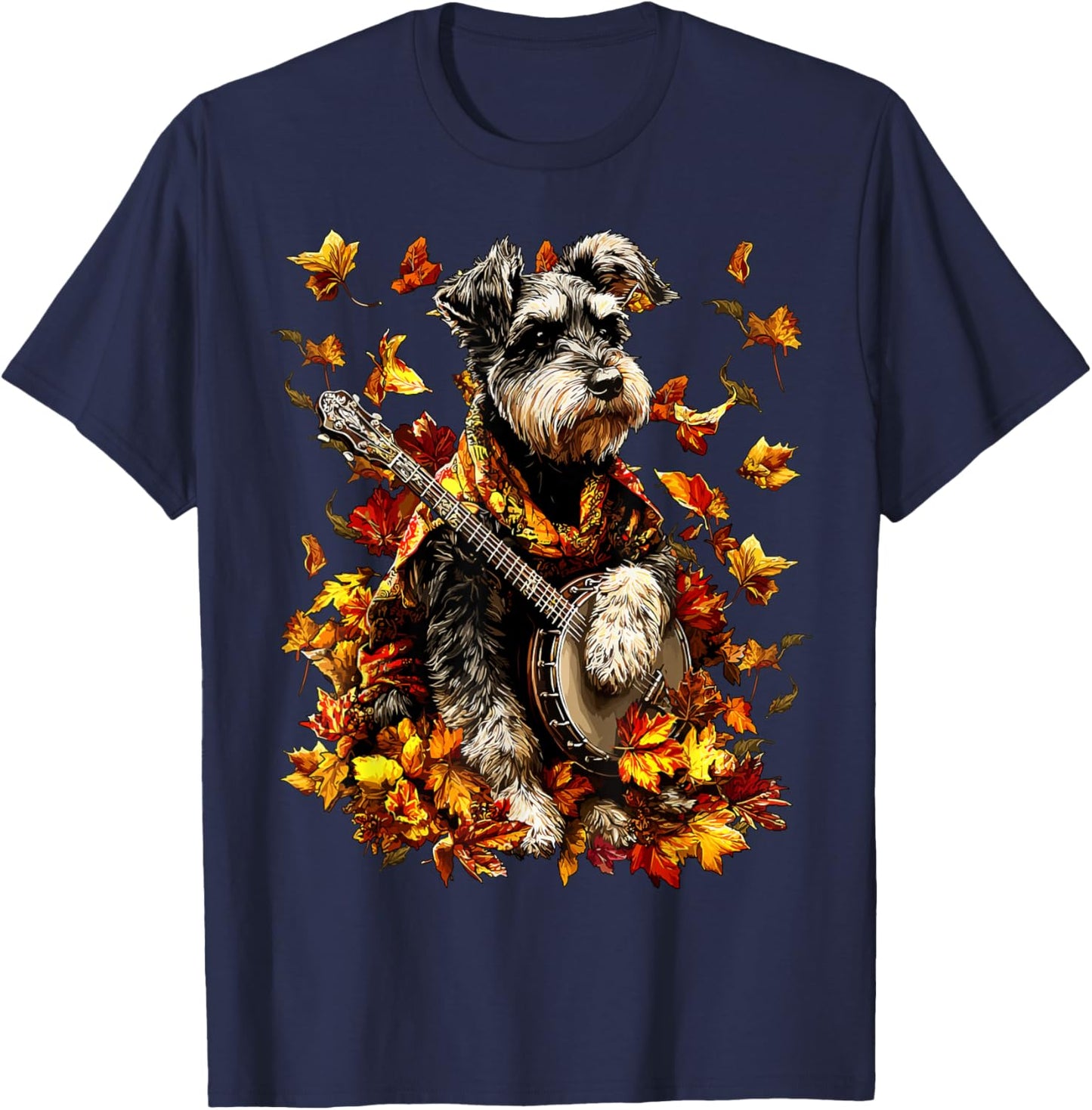 Banjoist Schnauzer Playing Banjo Fall Leaves Autumn Dog T-Shirt - T-Shirt | Navy