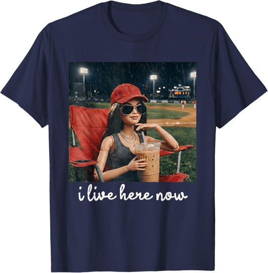 I Live Here Now Funny Ballfield Baseball Softball Meme Women T-Shirt - T-Shirt | Navy