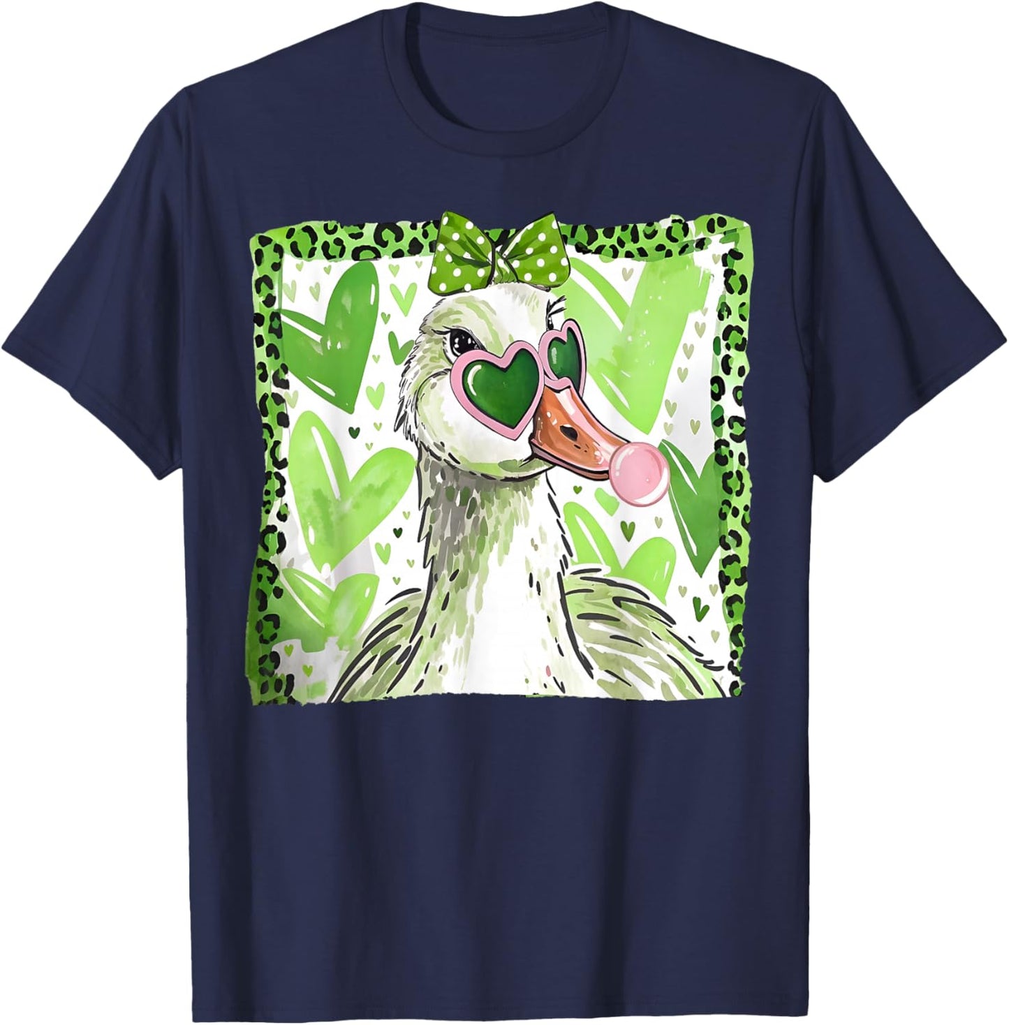 St Patrick’s Day Lucky Goose Bubble Gum Leopard Shamrock T-Shirt - T-Shirt | Navy