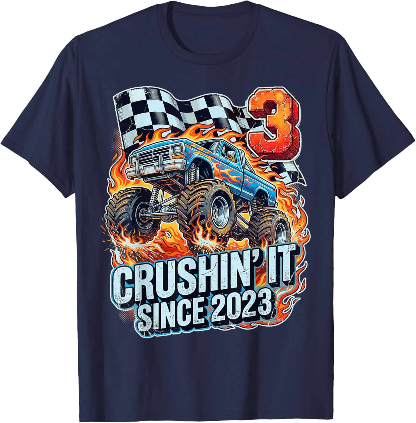 Birthday Monster Truck 3 Year Old Boys 3rd Party Born 2023 T-Shirt - T-Shirt | Navy