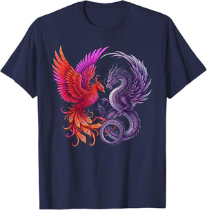 Mystical Phoenix and Dragon Swirl Yin Yang Design Men Women T-Shirt - T-Shirt | Navy