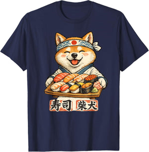 Funny Shiba Inu Dog Eating Sushi Japanese Food Kawaii T-Shirt - T-Shirt | Navy