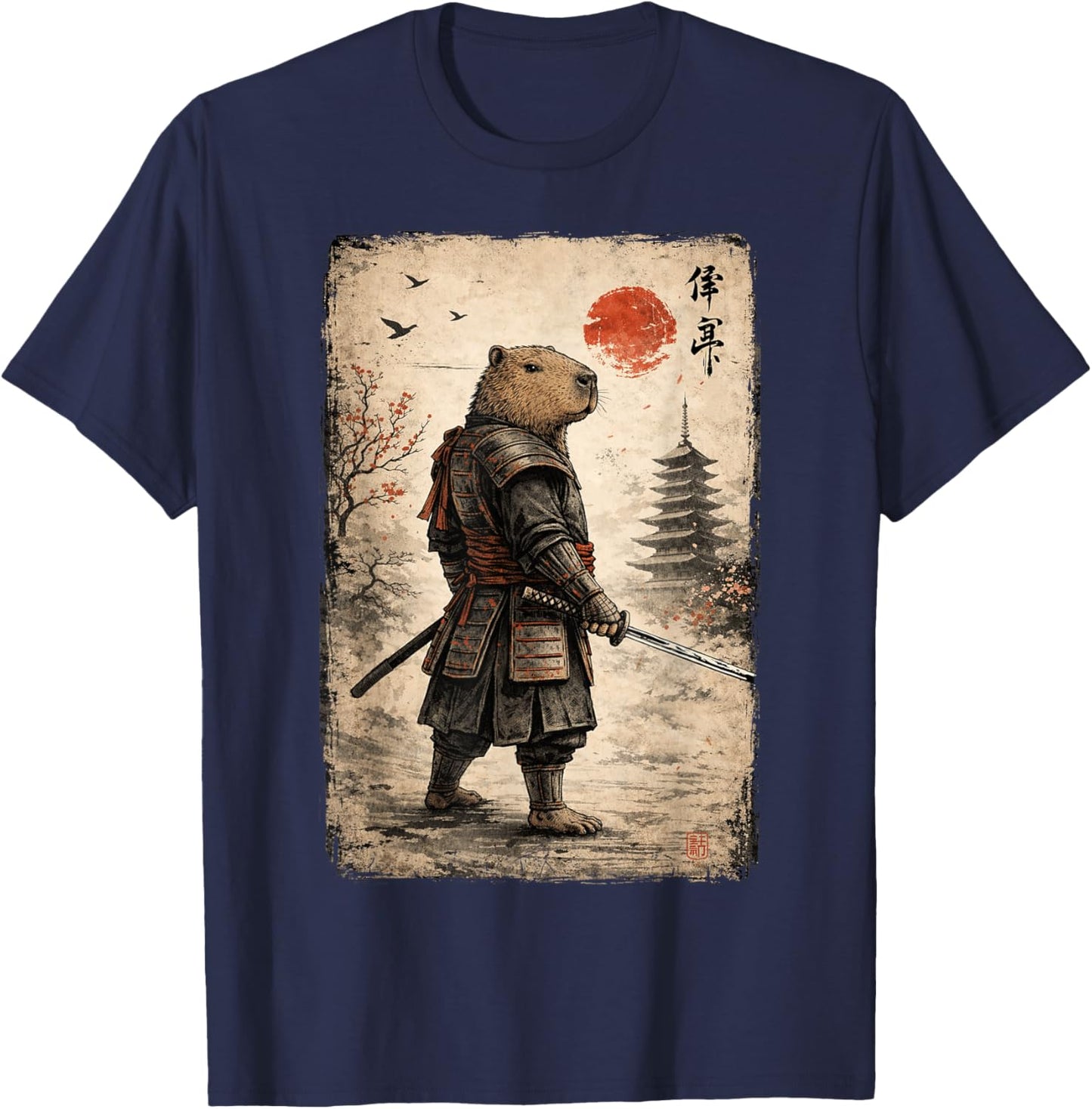 Samurai Capybara Funny Capybara Vintage Graphic Ukiyo-e Art T-Shirt - T-Shirt | Navy
