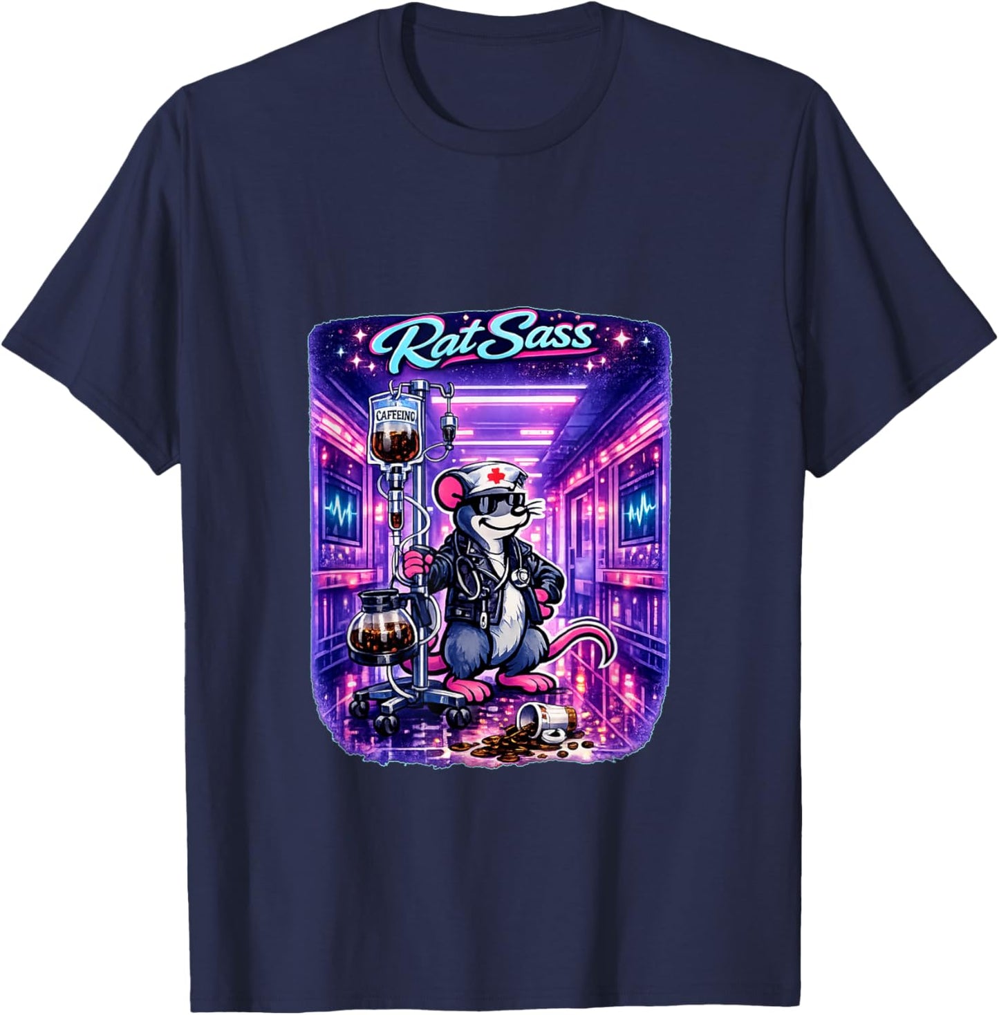 Electric Nurse Coffee IV Cartoon Caffeine Addict Retro Rat T-Shirt - T-Shirt | Navy