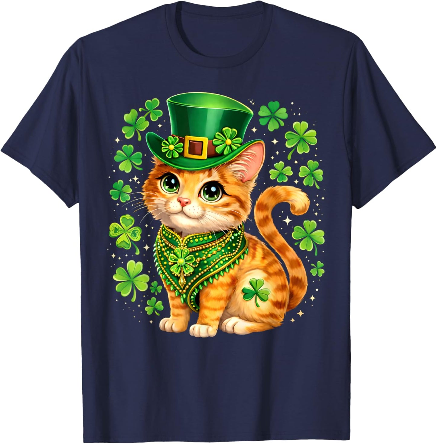 St Patricks Day Cat Leprechaun Hat Shamrock Saint Pattys Day T-Shirt - T-Shirt | Navy