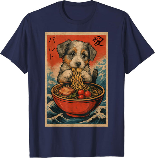 Cute Dog BALTO Eating Ramen T-Shirt - T-Shirt | Navy