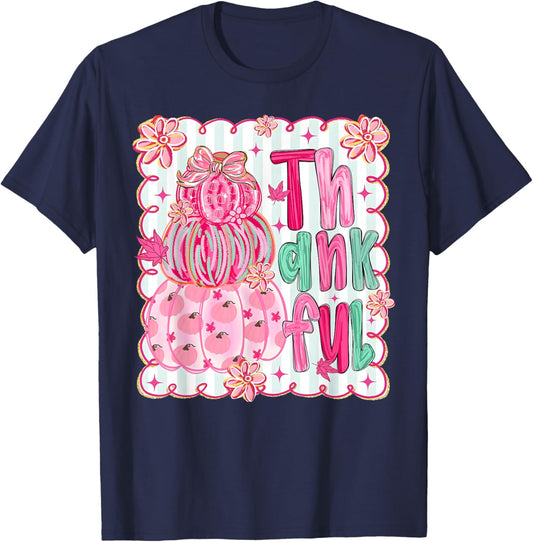 Pink Thankful Pumpkin Girly Preppy Coquette Bow Thanksgiving T-Shirt - T-Shirt | Navy