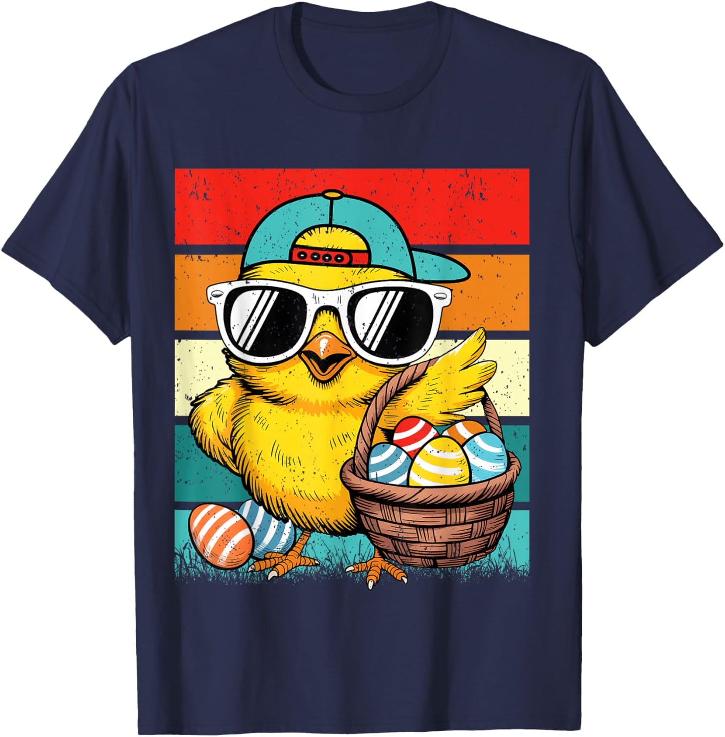 Retro Easter Chick Sunglasses Egg Basket Kids Boys Girls T-Shirt - T-Shirt | Navy