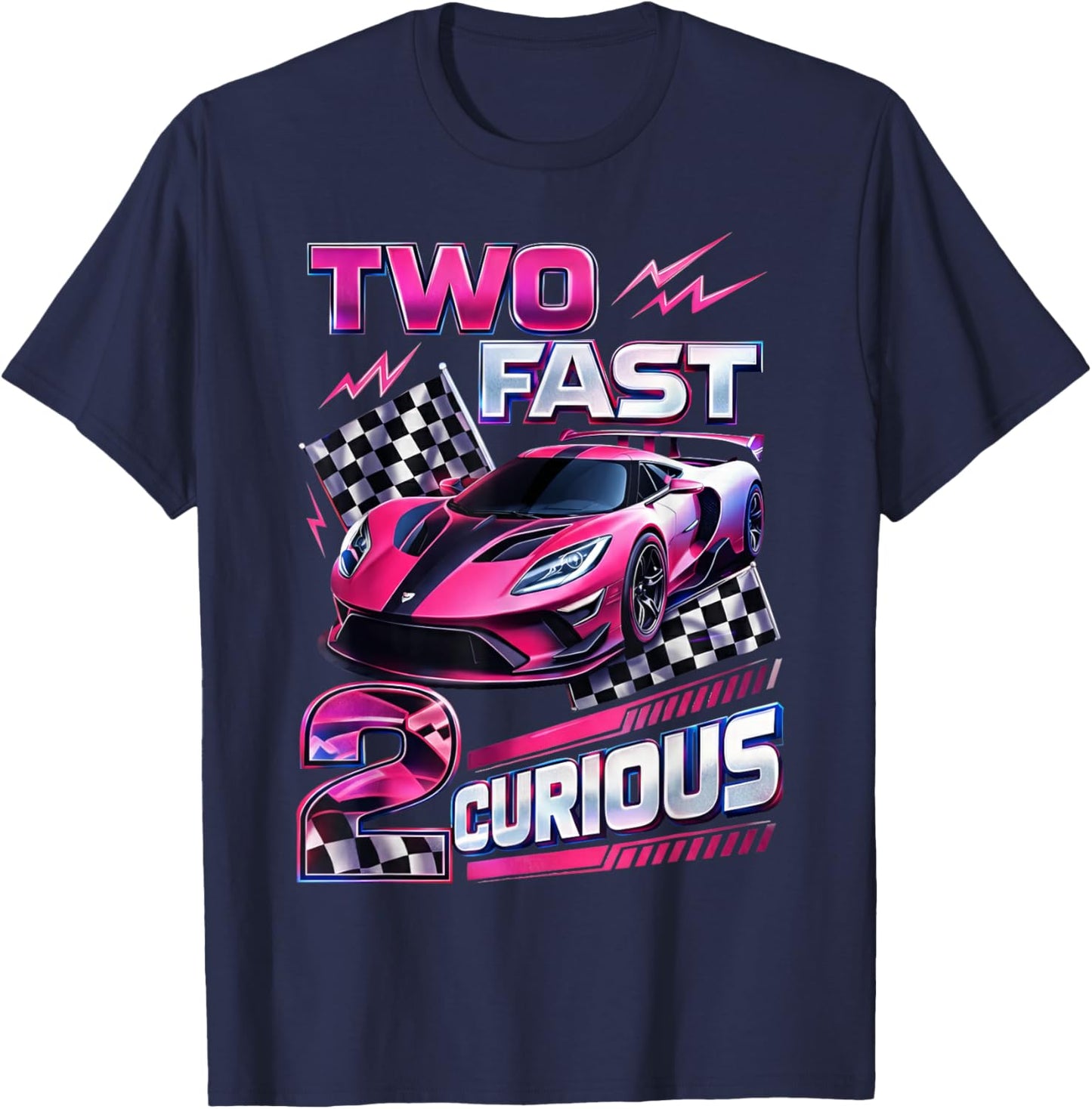 Car Racer 2nd Birthday Girl Two Fast 2 Curious T-Shirt - T-Shirt | Navy