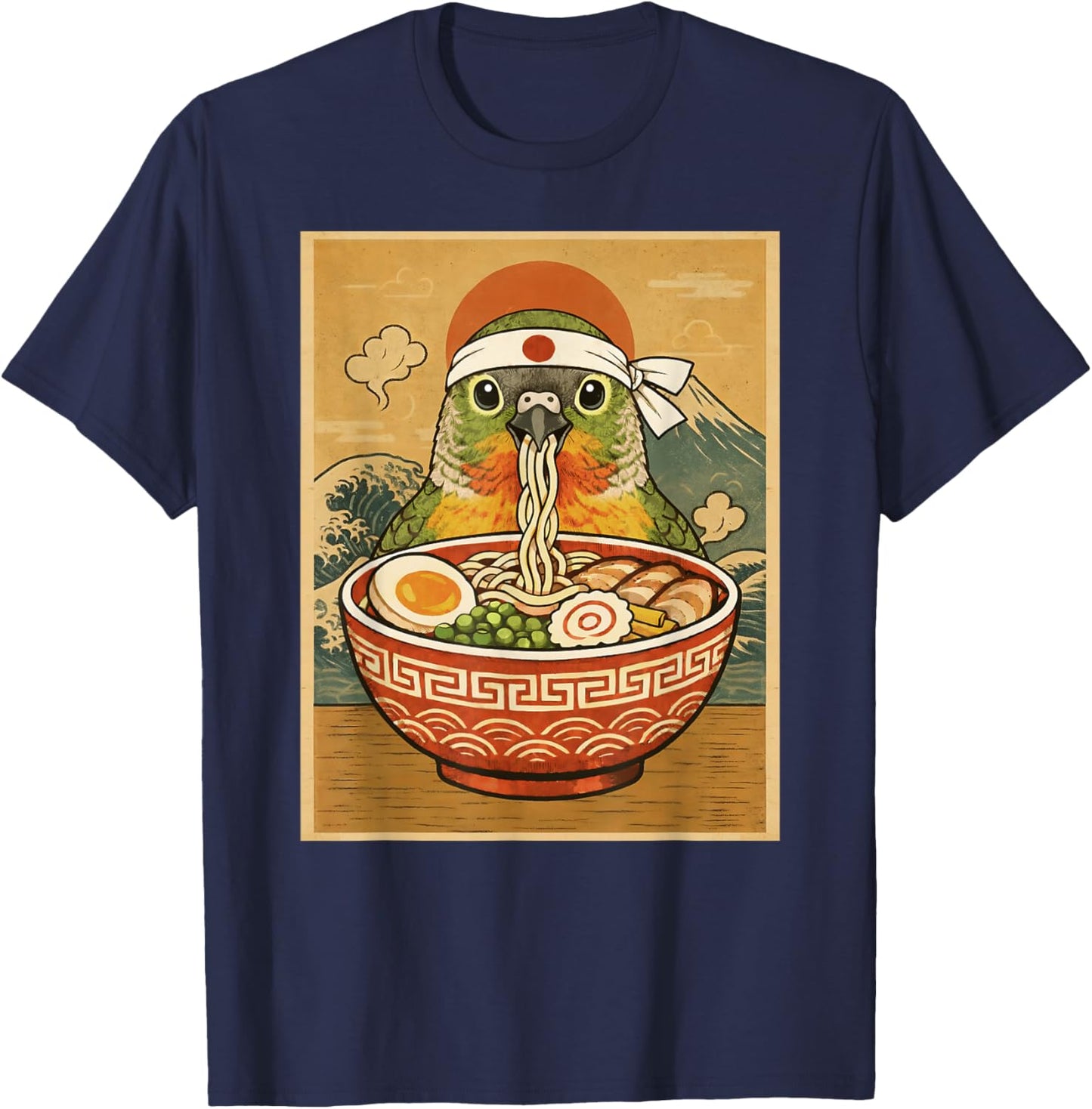 Kawaii Green Cheek Conure Parrot Japanese Ramen Noodles T-Shirt - T-Shirt | Navy