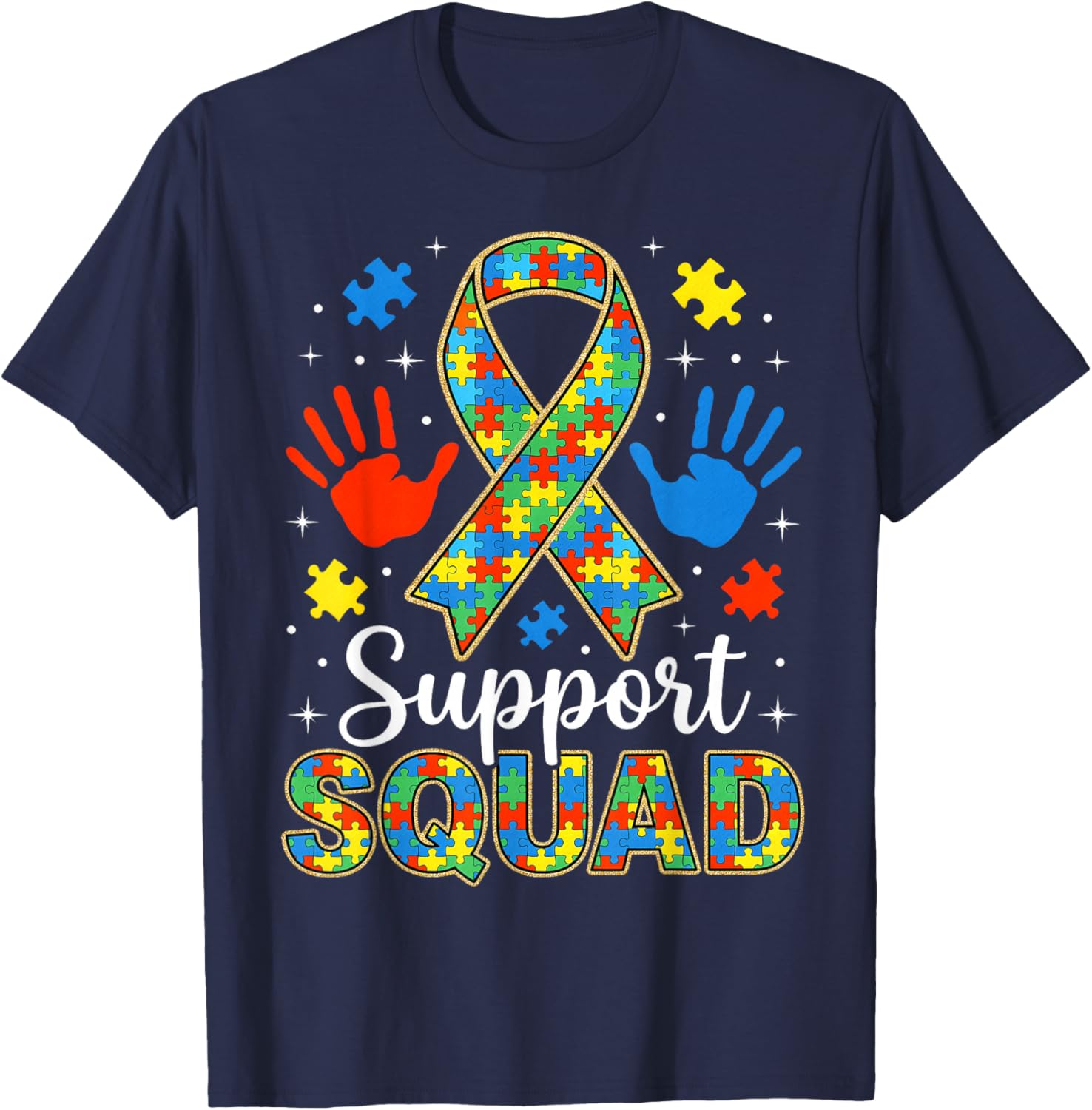 Autism Awareness Puzzle Ribbon Autism Support Squad Family T-Shirt - T-Shirt | Navy