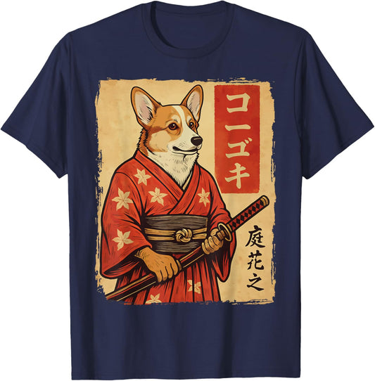 Corgi Samurai Japanese Dog Katana T-Shirt - T-Shirt | Navy