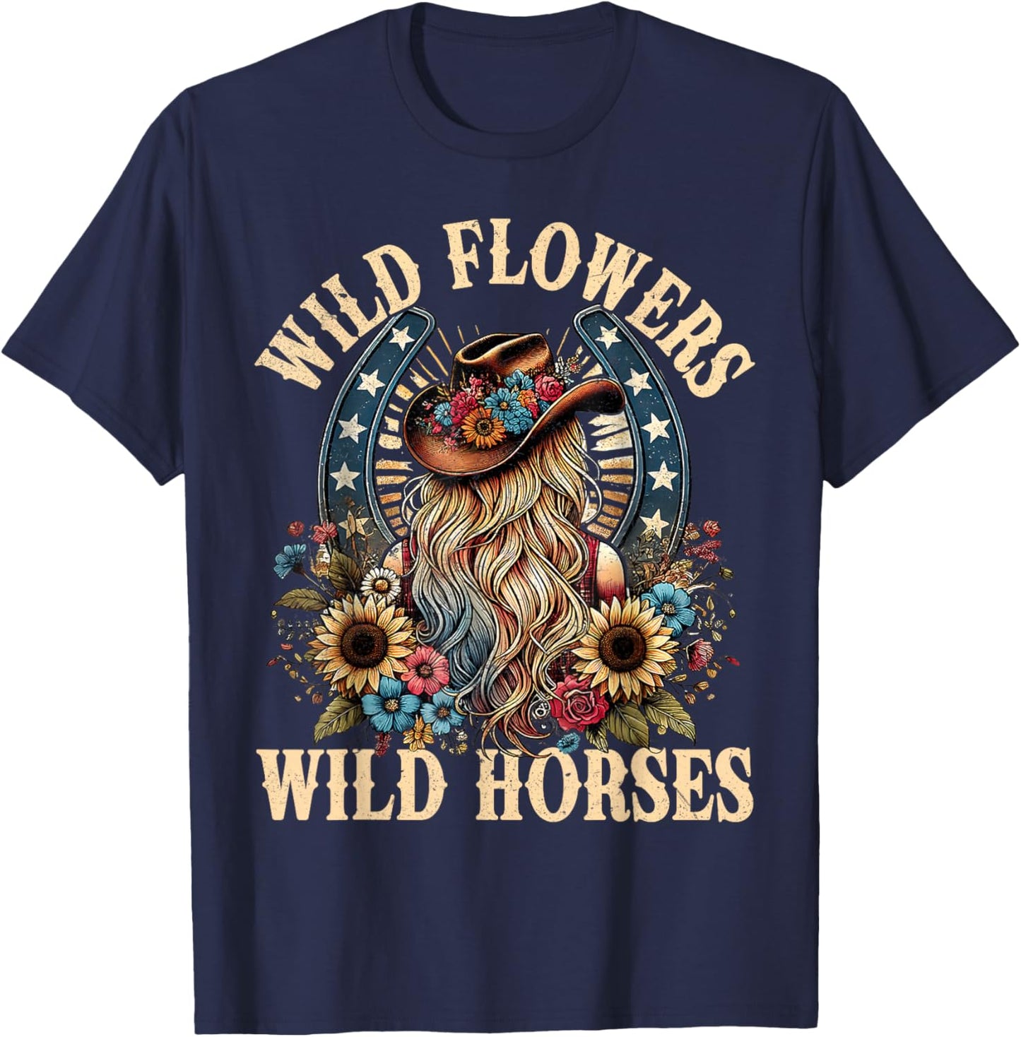 Retro Southern Sunset Cowgirl Wild Flowers - Wild Horses T-Shirt - T-Shirt | Navy