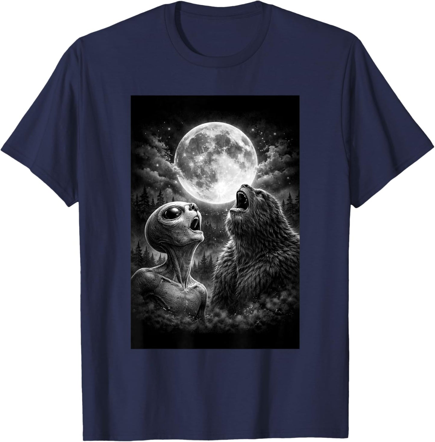 Funny Alien and Bigfoot Howling at Moon Humor Man Woman T-Shirt - T-Shirt | Navy