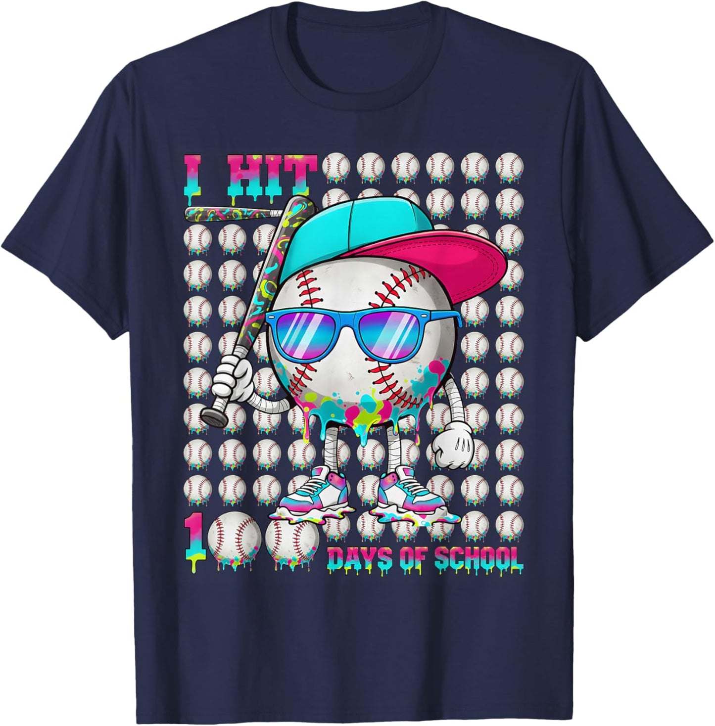 100 Days of School Baseball Drip Ice Cream Boys Kids T-Shirt - T-Shirt | Navy
