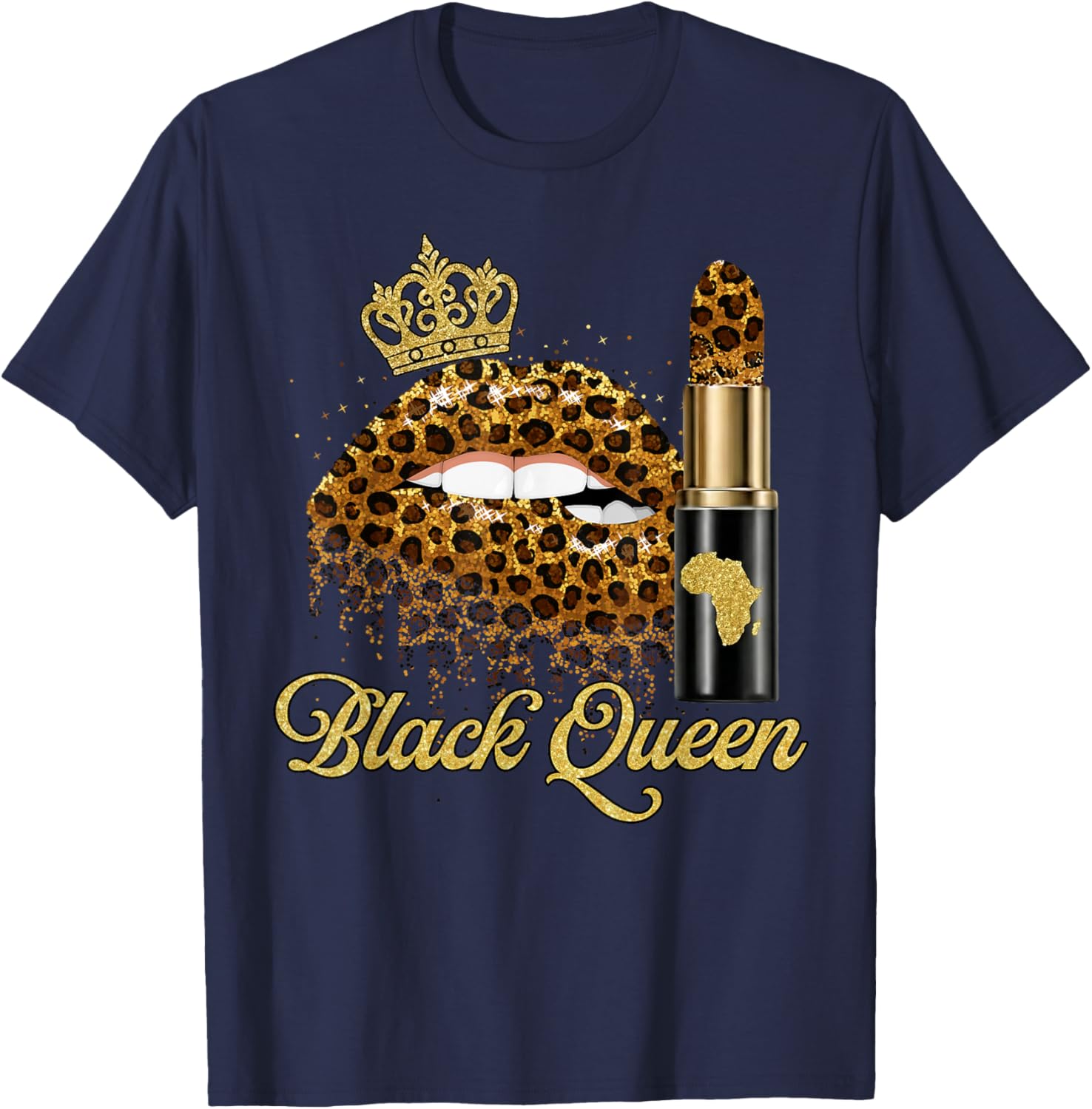 Black Queen Lips Crown Lipsticks Leopard Black History Month T-Shirt - T-Shirt | Navy