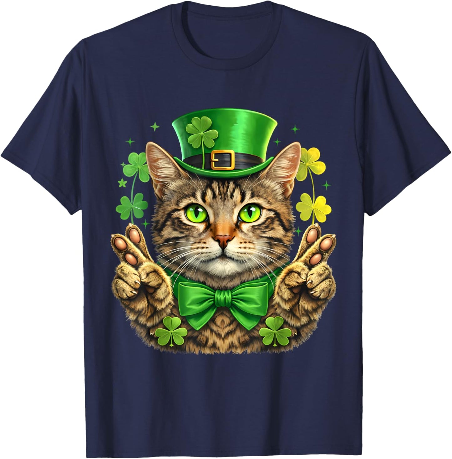 St Patricks Day Cat Leprechaun Hat Lucky Hand Shamrock Kids T-Shirt - T-Shirt | Navy
