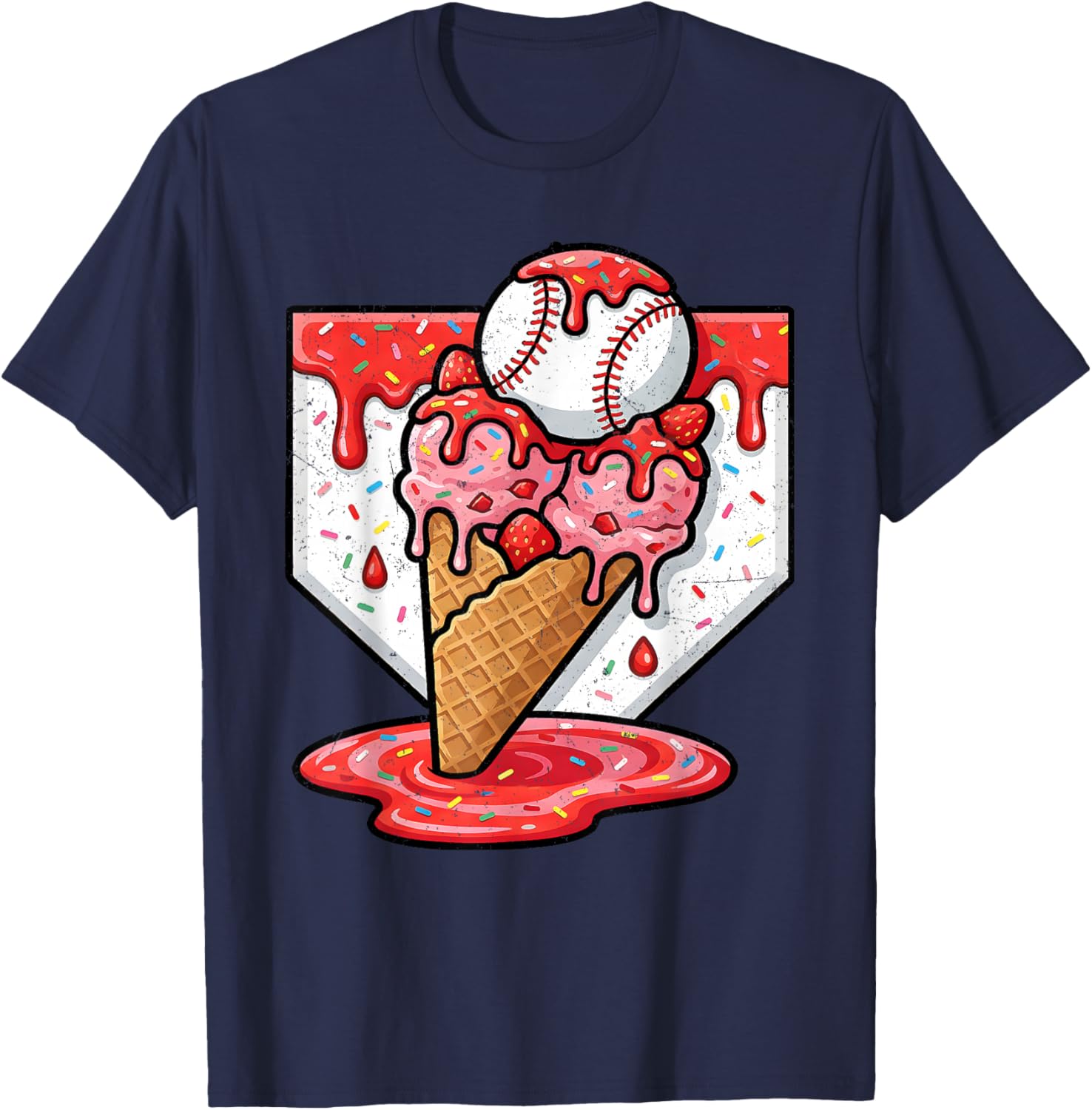 Baseball Ice Cream Drip Baseball Strawberry for Youth Red T-Shirt - T-Shirt | Navy