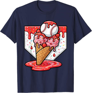Baseball Ice Cream Drip Baseball Strawberry for Youth Red T-Shirt - T-Shirt | Navy