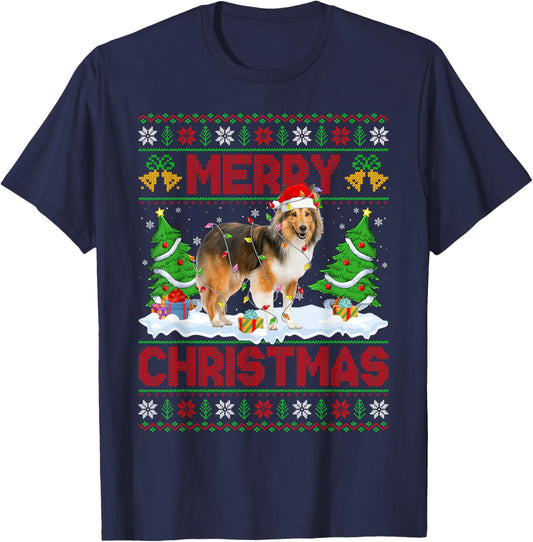 Sheltie Shetland Sheepdog Ugly Xmas Sweaters Dog Christmas T-Shirt - T-Shirt | Navy