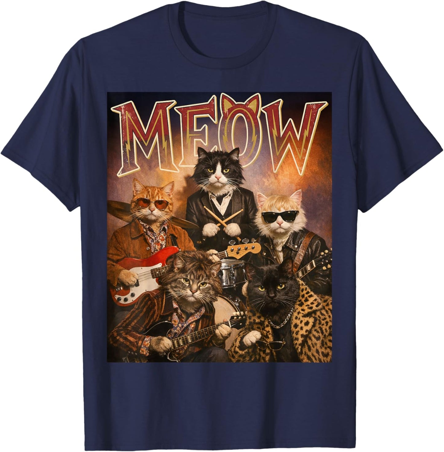 Meow Funny Cat Rock and Roll Band 60s Retro Music Fan T-Shirt - T-Shirt | Navy
