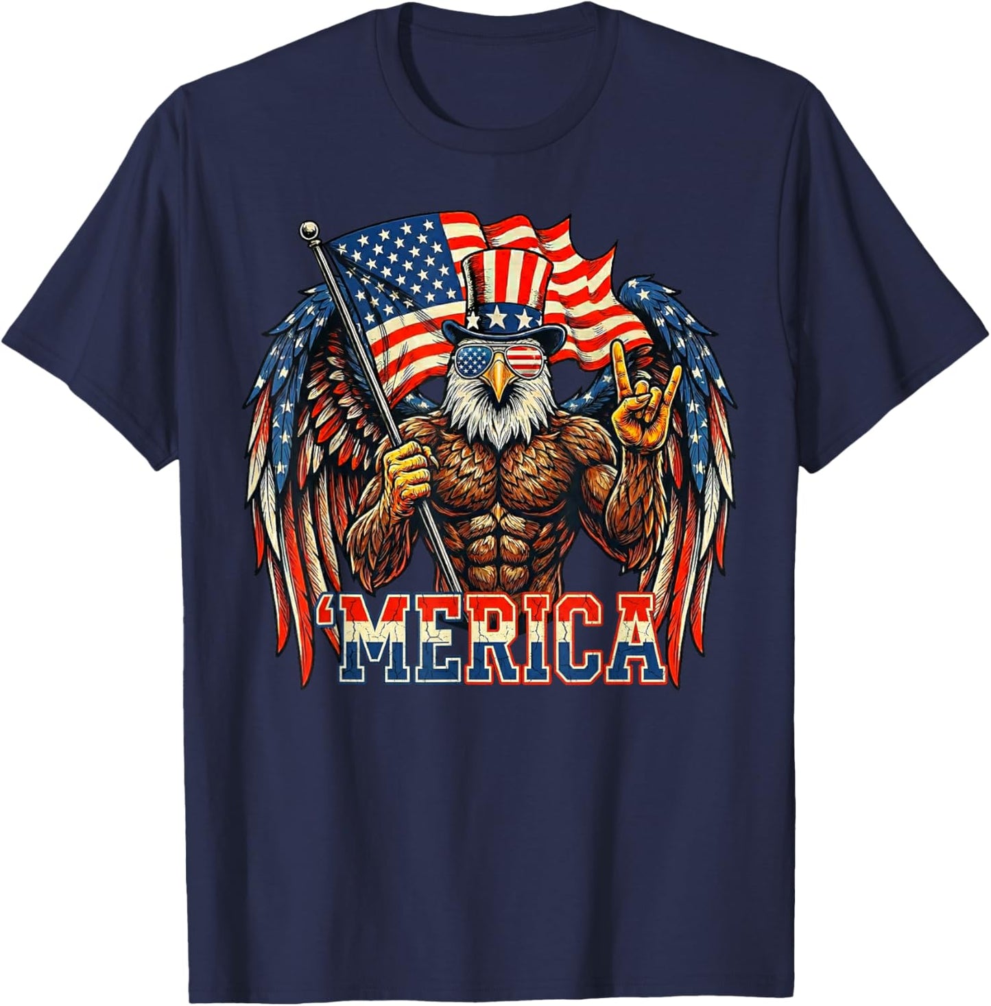 Bald Eagle Merica Rock American Flag Patriotic 4th of July T-Shirt - T-Shirt | Navy
