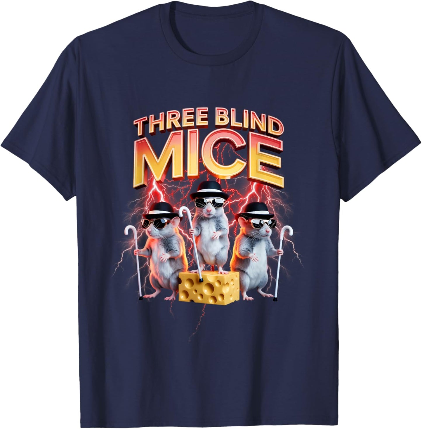 Three Blind Mice Sunglasses Cheese Humor Hats Canes Cartoon T-Shirt - T-Shirt | Navy