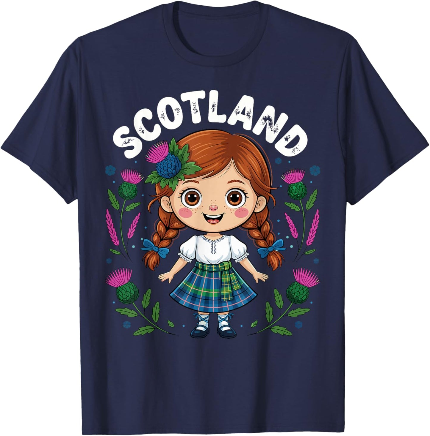 Cute Scotland Girl Tartan Skirt Thistle Flowers Art for Kids T-Shirt - T-Shirt | Navy