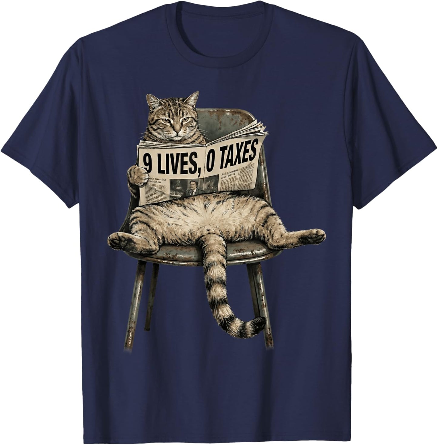 Funny Cat 9 Lives 0 Taxes Humor Lazy Kitty Meme T-Shirt - T-Shirt | Navy