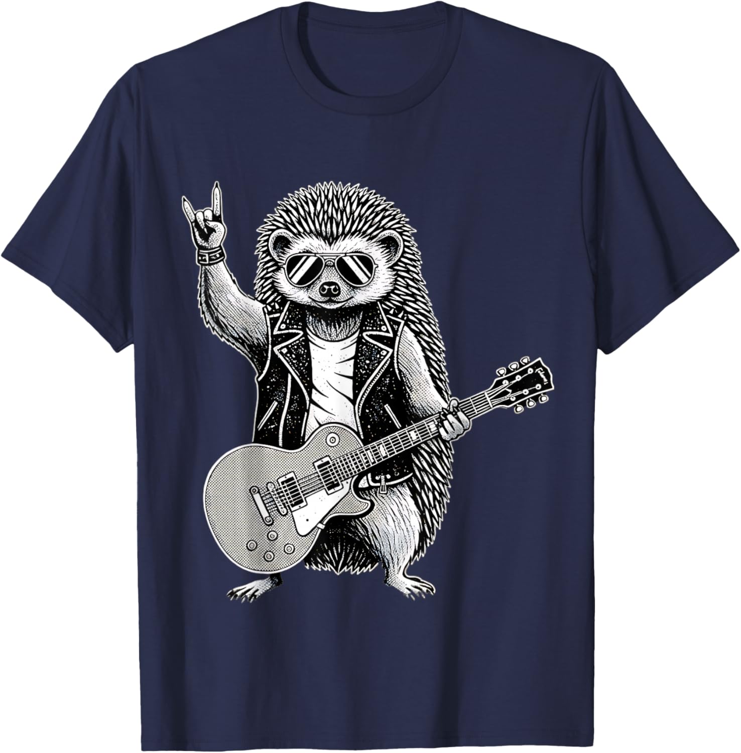 Funny Rock Music Band Hedgehog Playing Guitar Retro Graphic T-Shirt - T-Shirt | Navy