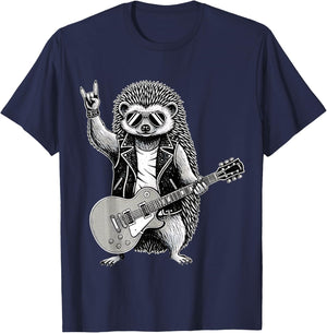 Funny Rock Music Band Hedgehog Playing Guitar Retro Graphic T-Shirt - T-Shirt | Navy