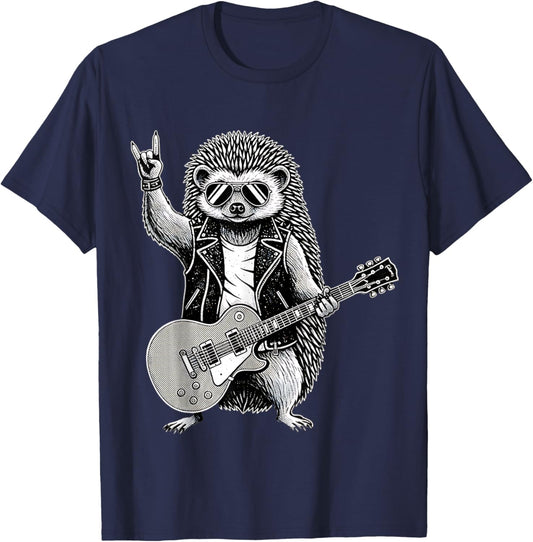 Funny Rock Music Band Hedgehog Playing Guitar Retro Graphic T-Shirt - T-Shirt | Navy