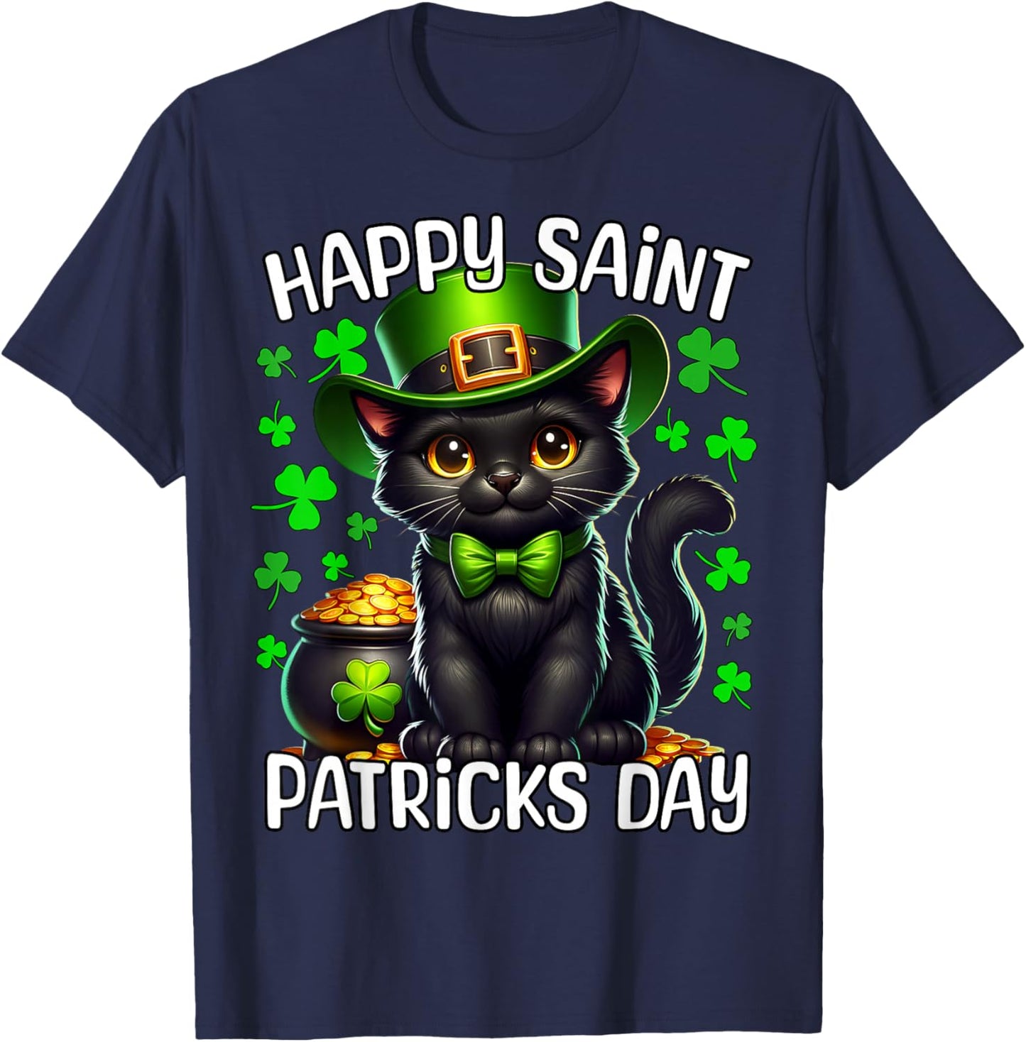 Black Cat Happy Saint Patricks Day Cat T-Shirt - T-Shirt | Navy