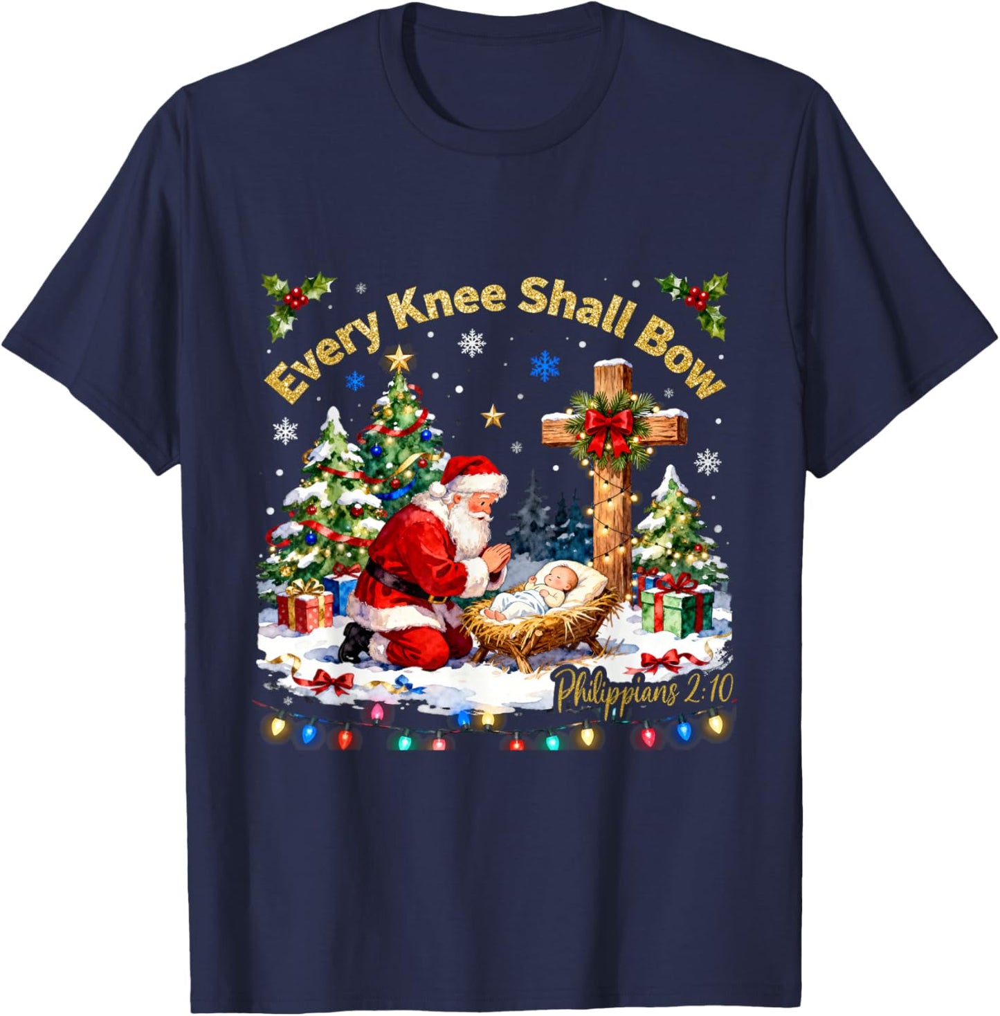 Xmas Every Knee Shall Bow Santa Christmas Nativity Scene T-Shirt - T-Shirt | Navy