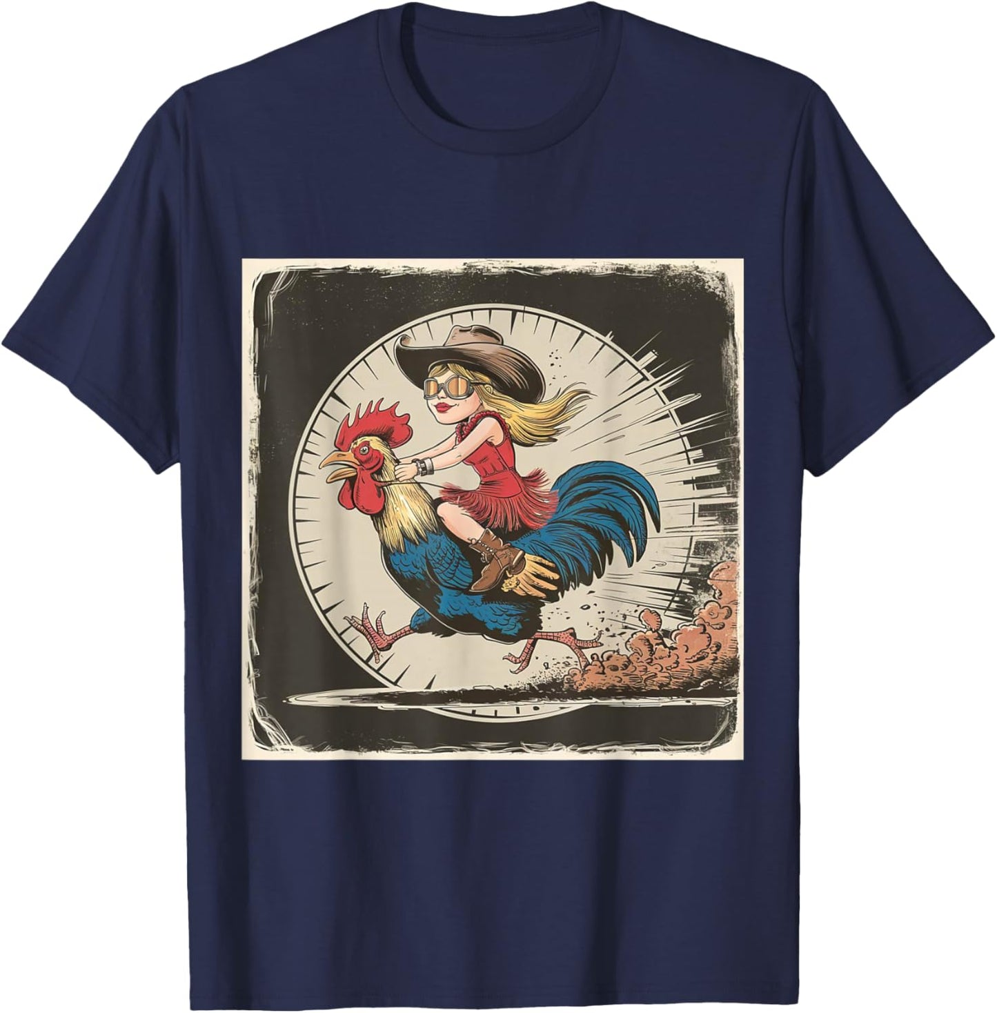 Funny Vintage Distressed Cowgirl Riding Chicken Rooster T-Shirt - T-Shirt | Navy