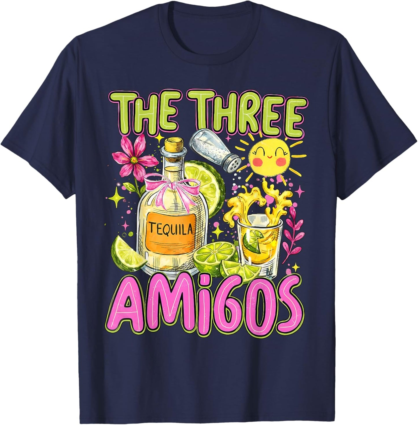 The Three Amigos Cinco De Mayo Tequila Pink Bow Girls Trip T-Shirt - T-Shirt | Navy