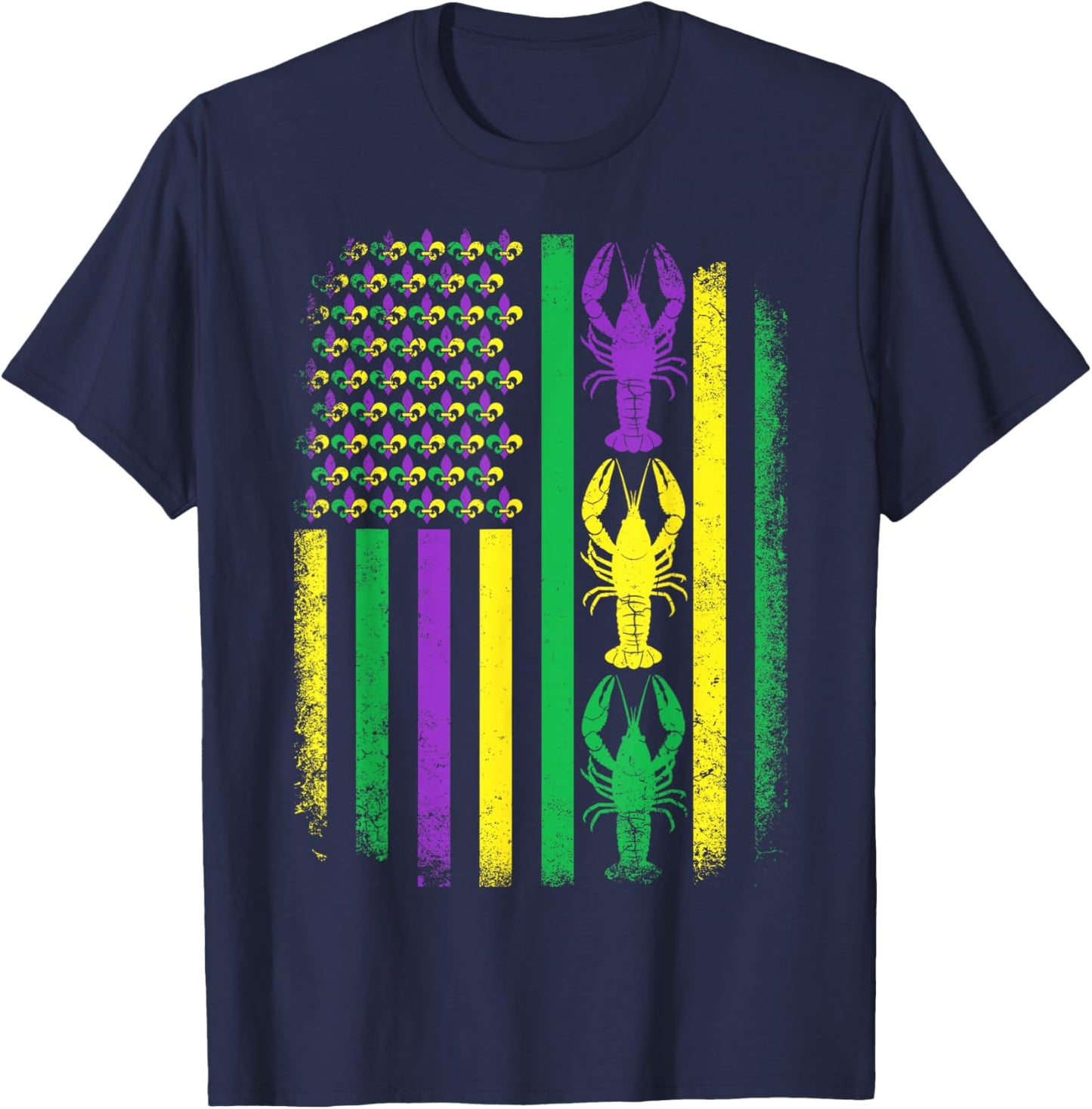 Retro Mardi Gras USA American Flag Crawfish Parade Men Women T-Shirt - T-Shirt | Navy