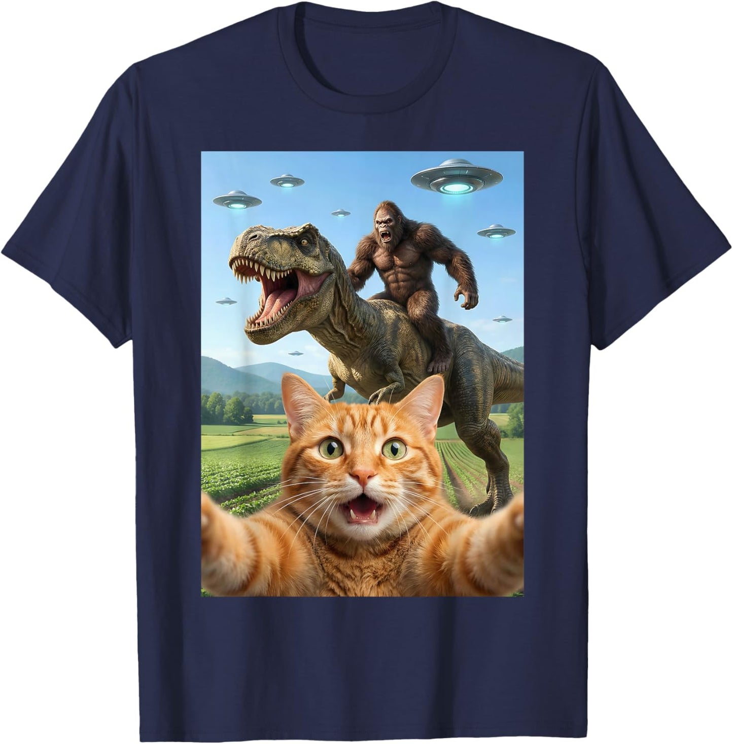 Funny Graphic Cat Selfie with Bigfoot Riding T-rex Dinosaur T-Shirt - T-Shirt | Navy