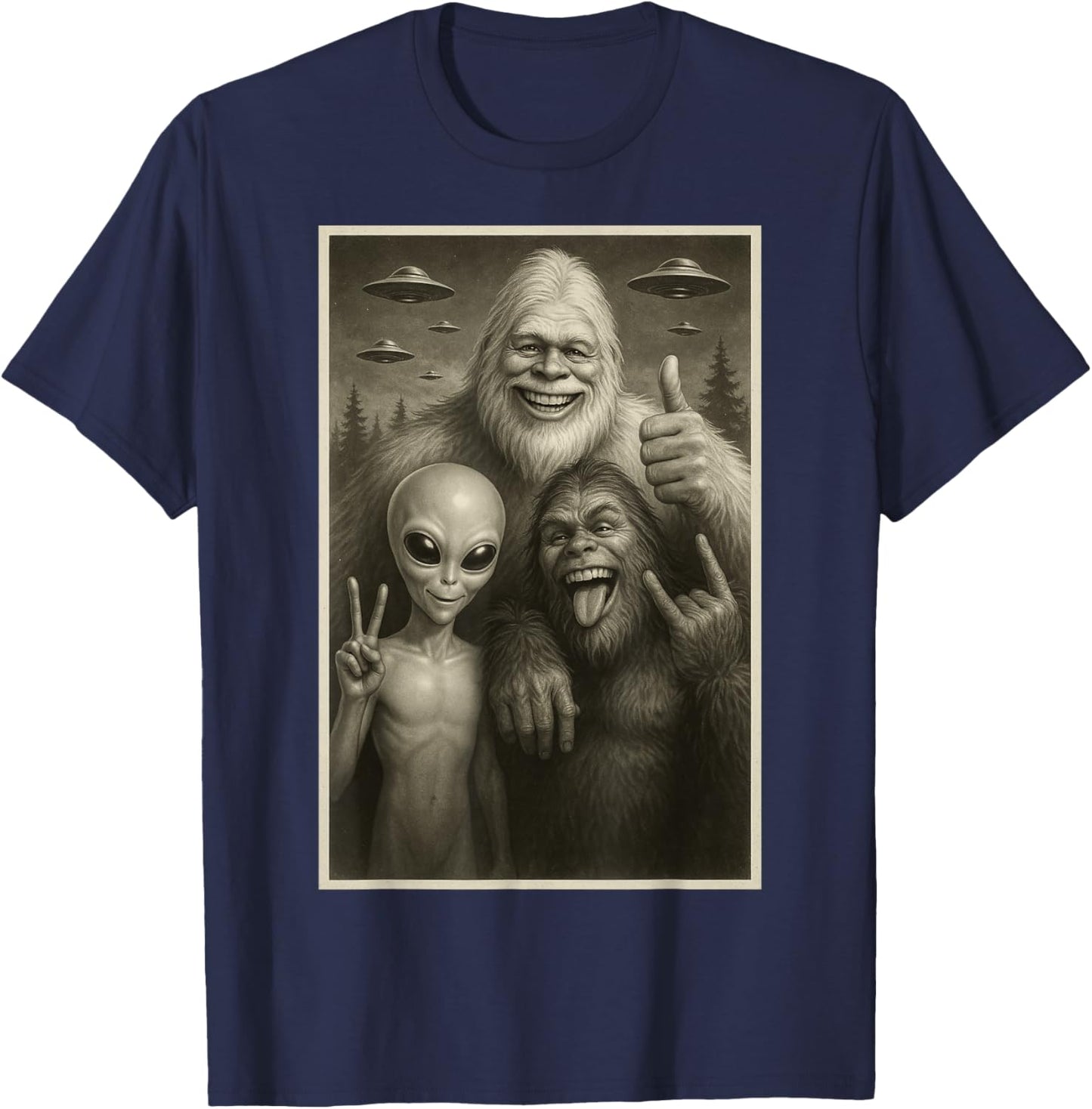 Funny Bigfoot, Alien, & Yeti Sasquatch Rock On UFO Handsign T-Shirt - T-Shirt | Navy