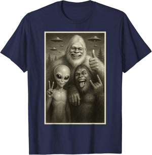Funny Bigfoot, Alien, & Yeti Sasquatch Rock On UFO Handsign T-Shirt - T-Shirt | Navy
